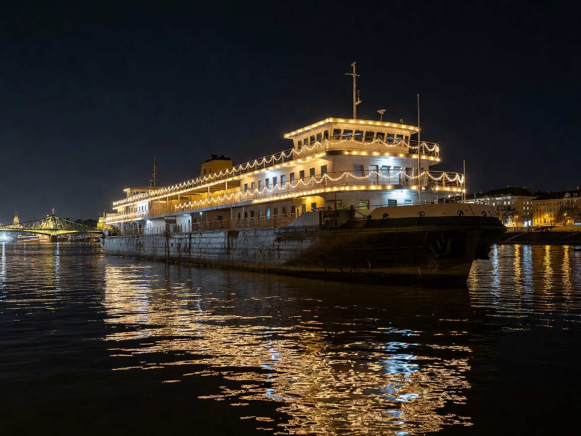 A38 music ship moored on the illuminated Danube River at night