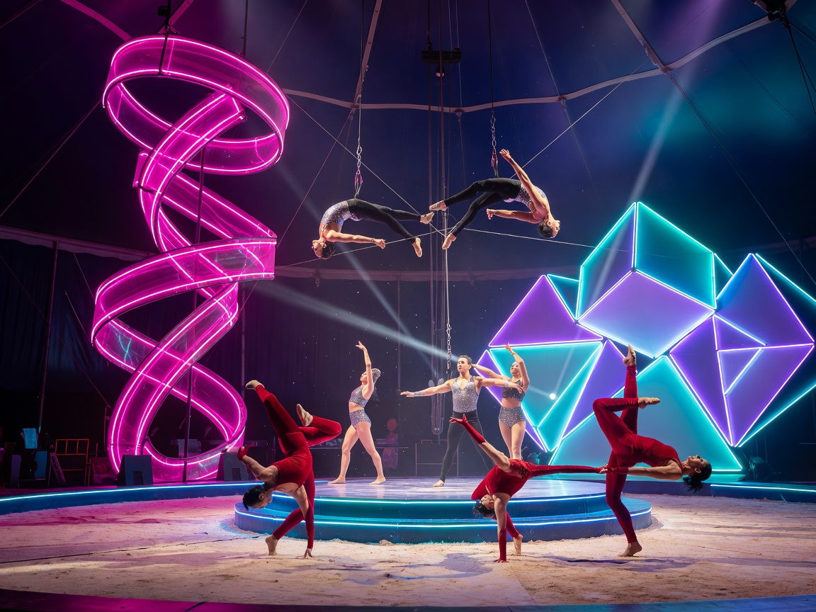 Acrobatic circus performers and giant neon installations