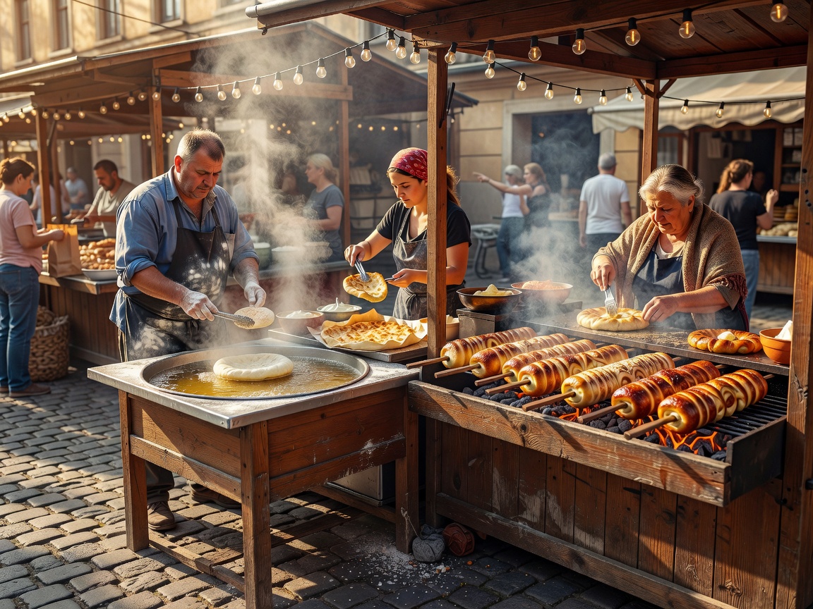 Hungarian street food lángos and kürtőskalács stalls