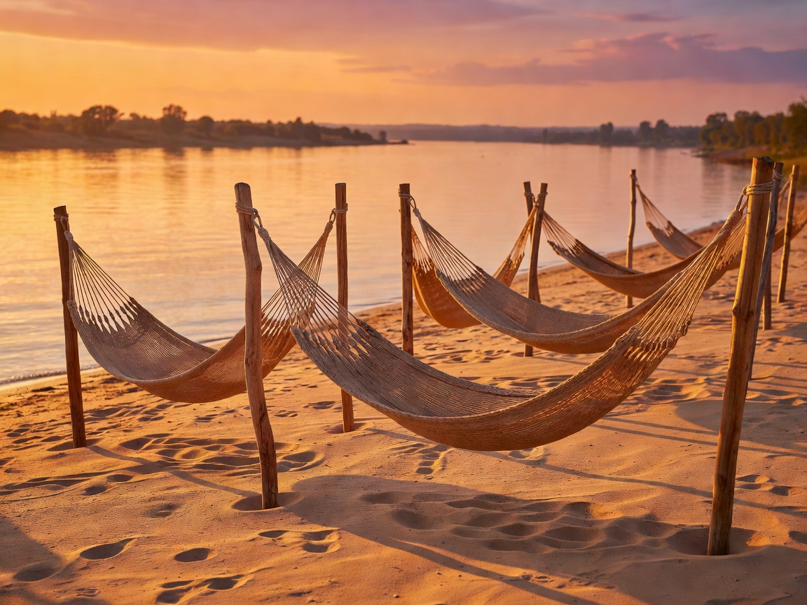 Sunset over Danube sandy beach lounge area with hammocks