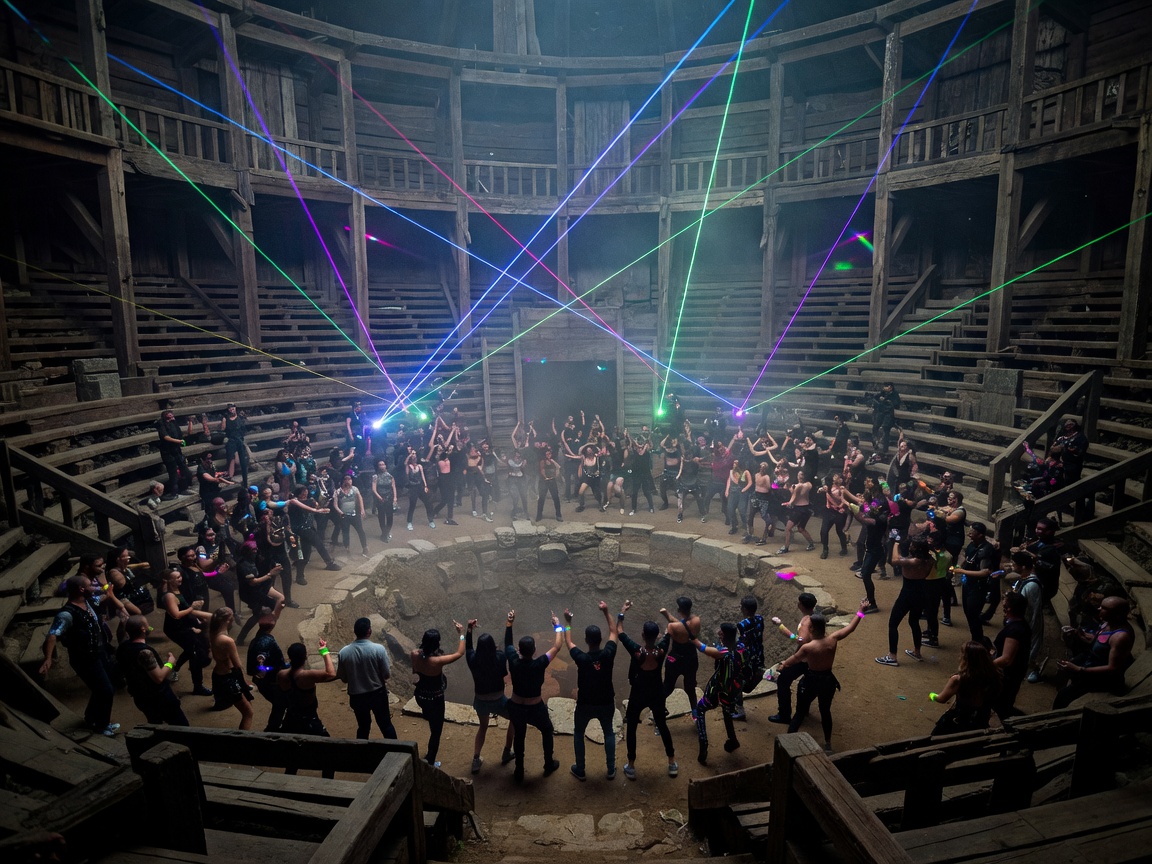 Underground wooden Colosseum techno arena with laser lights